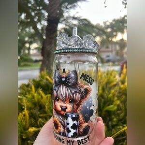 16oz. Glass Mini cow Iced Coffee Cup Cubed Tumbler